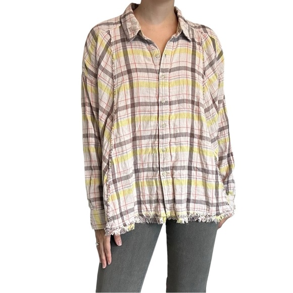 Free People Oversized Flannel Shirt Plaid Pastel Cotton Boho Flowy Size Medium - Picture 7 of 7